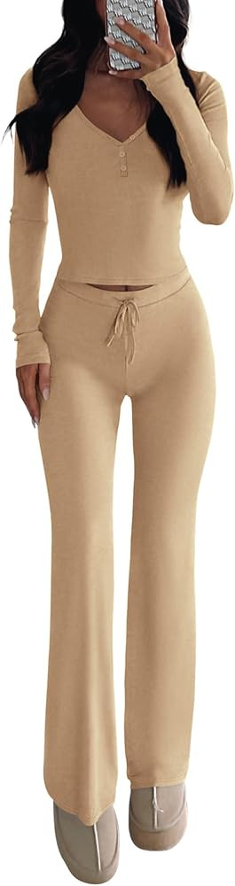 PPRETTYGARDEN Two Piece Sets For Women Long Sleeve V Neck Crop Tops Flare Pants Lounge Set Casual... | Amazon (US)