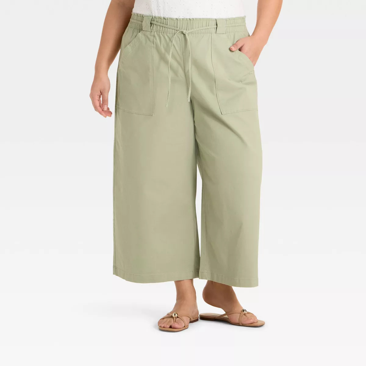 Women's High-Rise Wide Leg Cropped Drawstring Pants - Ava & Viv™ Light Green 4X | Target