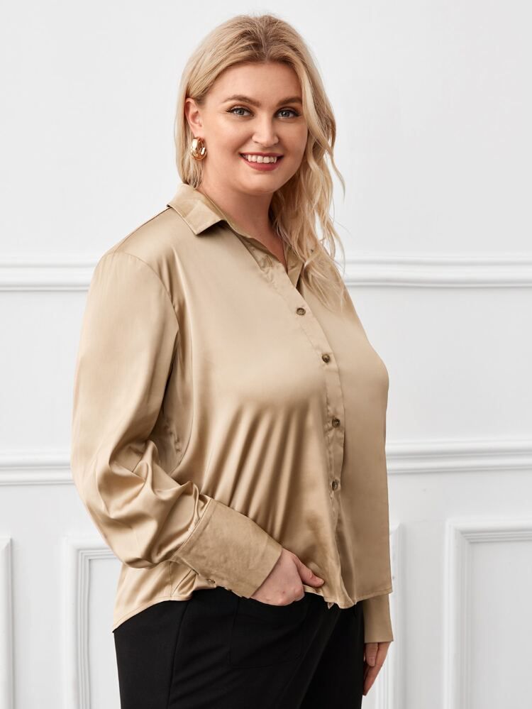 Plus Button Up Curved Hem Satin Blouse | SHEIN