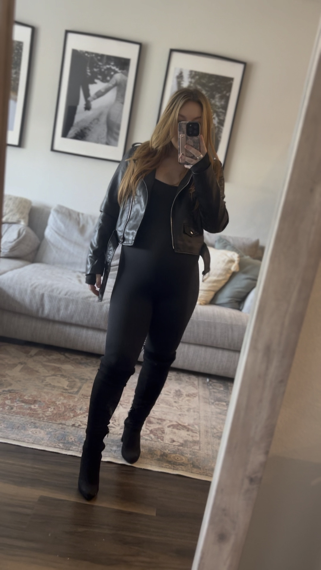 Maternity ootd - Date night maternity outfit - Maternity - Amazon Jumpsuit - maternity jumpsuit - leather jacket - knee high boots - date night outfit 

#LTKstyletip #LTKshoecrush #LTKbump