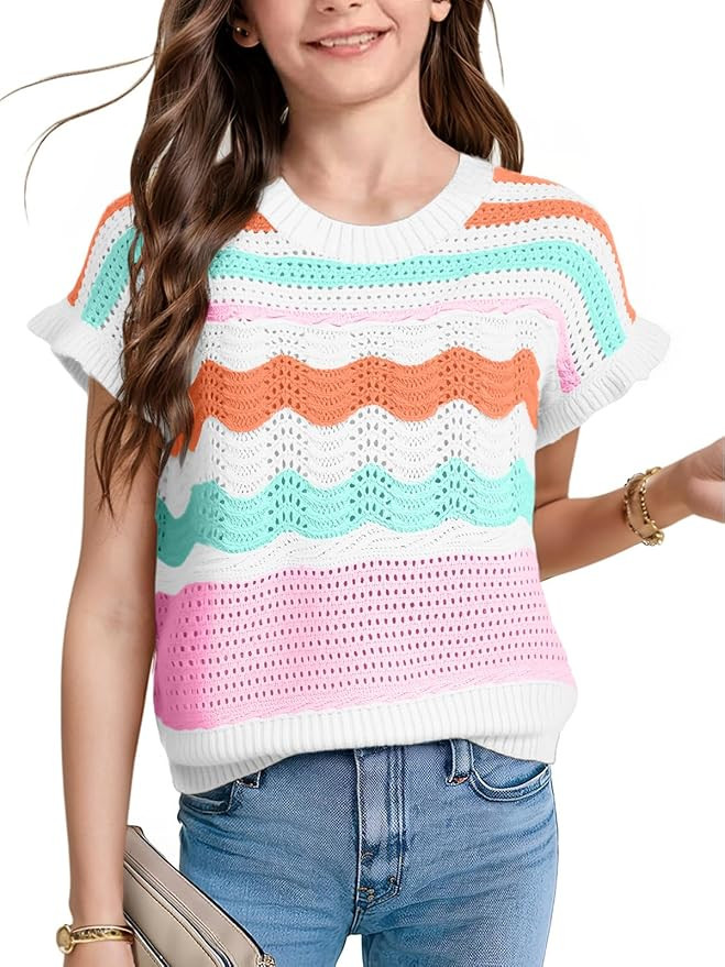 WIFFGO Girls Boho Crochet Tops School Teen Cute Spring Summer Striped Short Ruffle Sleeve Sweater... | Amazon (US)