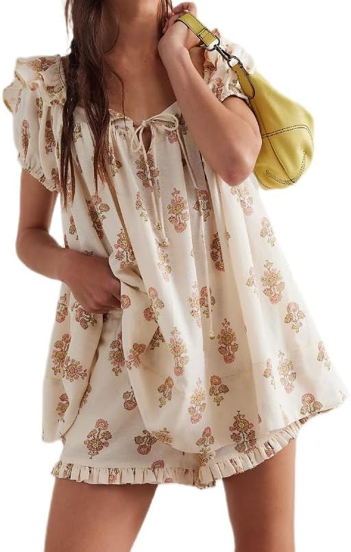 NUFIWI Women Floral Babydoll Tops 2 Piece Lounge Sets Square Neck Puffy Short Sleeves Peplum Shir... | Amazon (US)