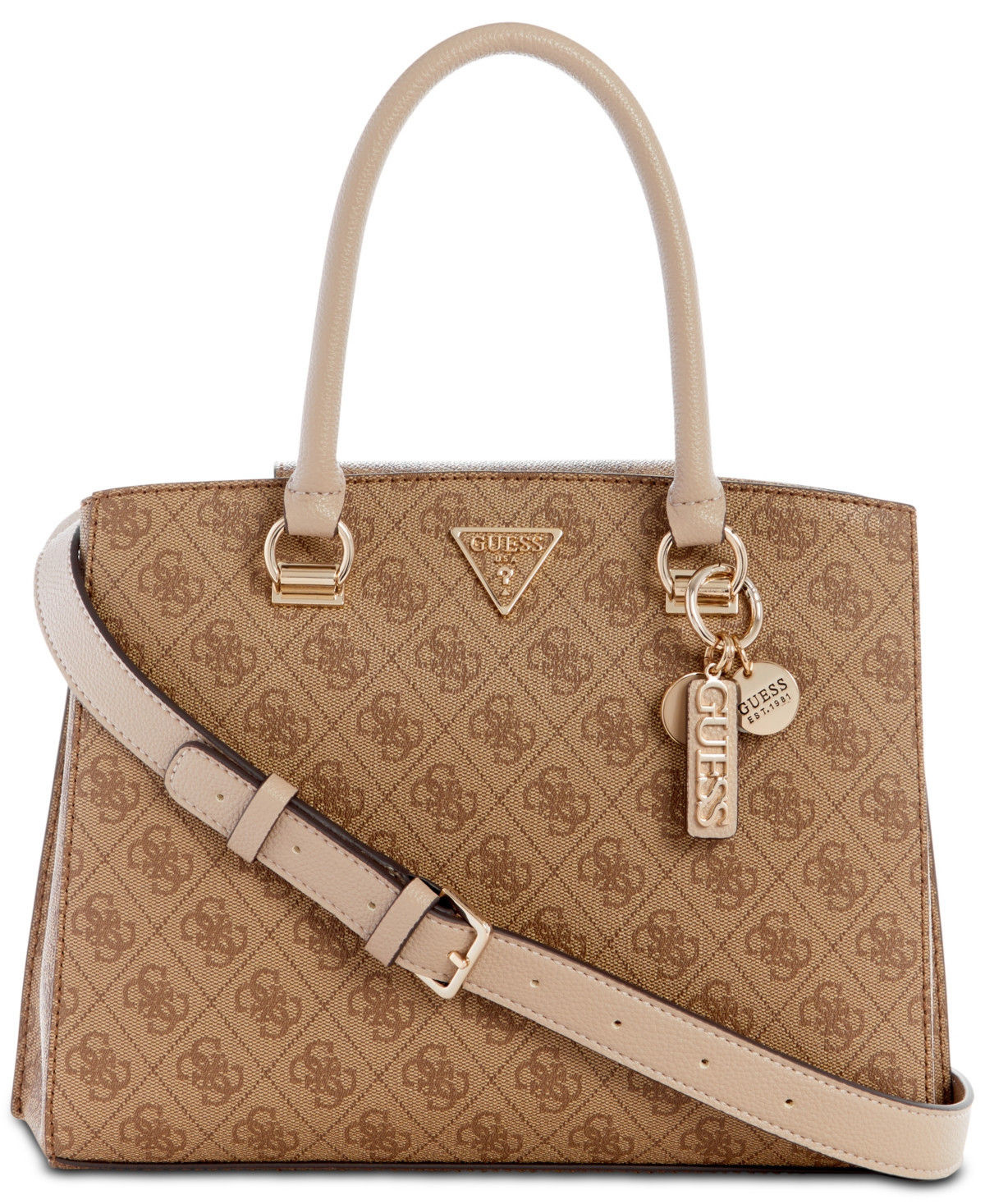 Guess Noelle Girlfriend Medium 4G Basique Monogram Satchel - Latte Logo | Macy's
