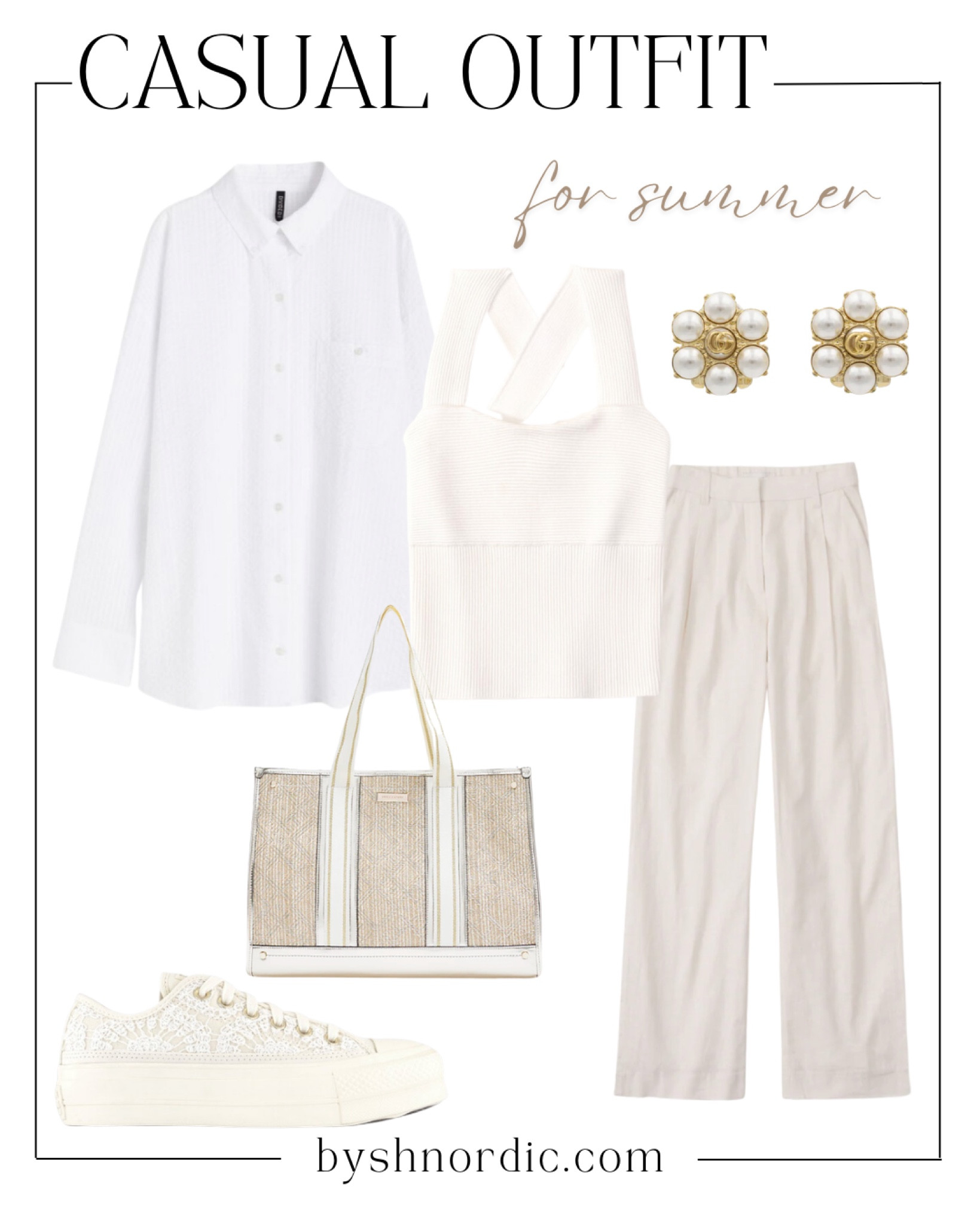 This chic summer outfit includes a stylish top, a polo shirt, trousers, gold earrings, neutral tote bag, and trainers!

#outfitidea #casuallook #ukfashion #allwhiteoutfit

#LTKFind #LTKstyletip