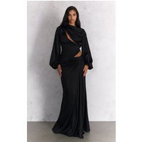 Black Satin Dipped Waist Maxi Skirt | PrettyLittleThing US