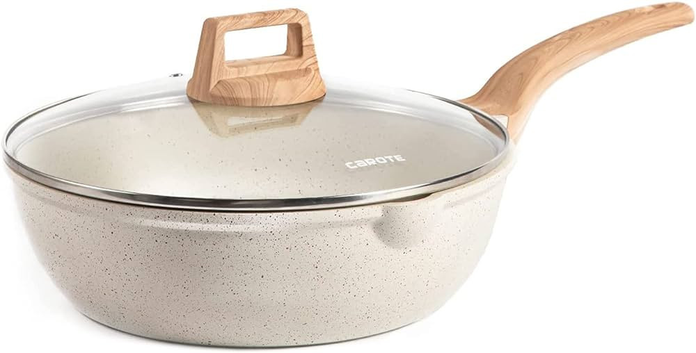 CAROTE 12Inch Nonstick Deep Frying Pan with Lid, 5.5 Qt Jumbo Cooker Saute Pan with Pour Spout, S... | Amazon (US)