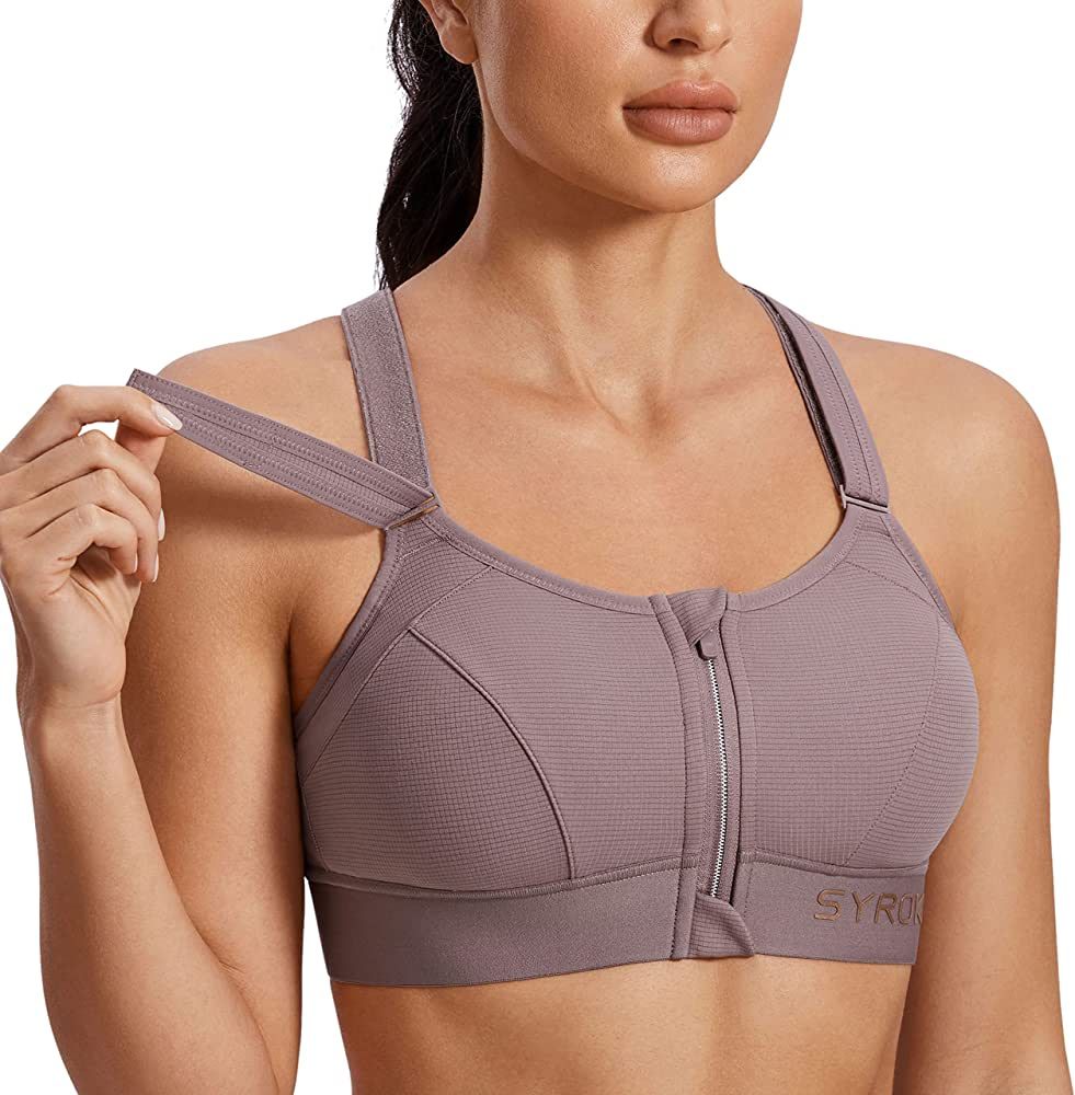 SYROKAN Women's Sports Bra High Impact Zip Front Adjustable Velcro Racerback Plus Size Wirefree Padd | Amazon (US)