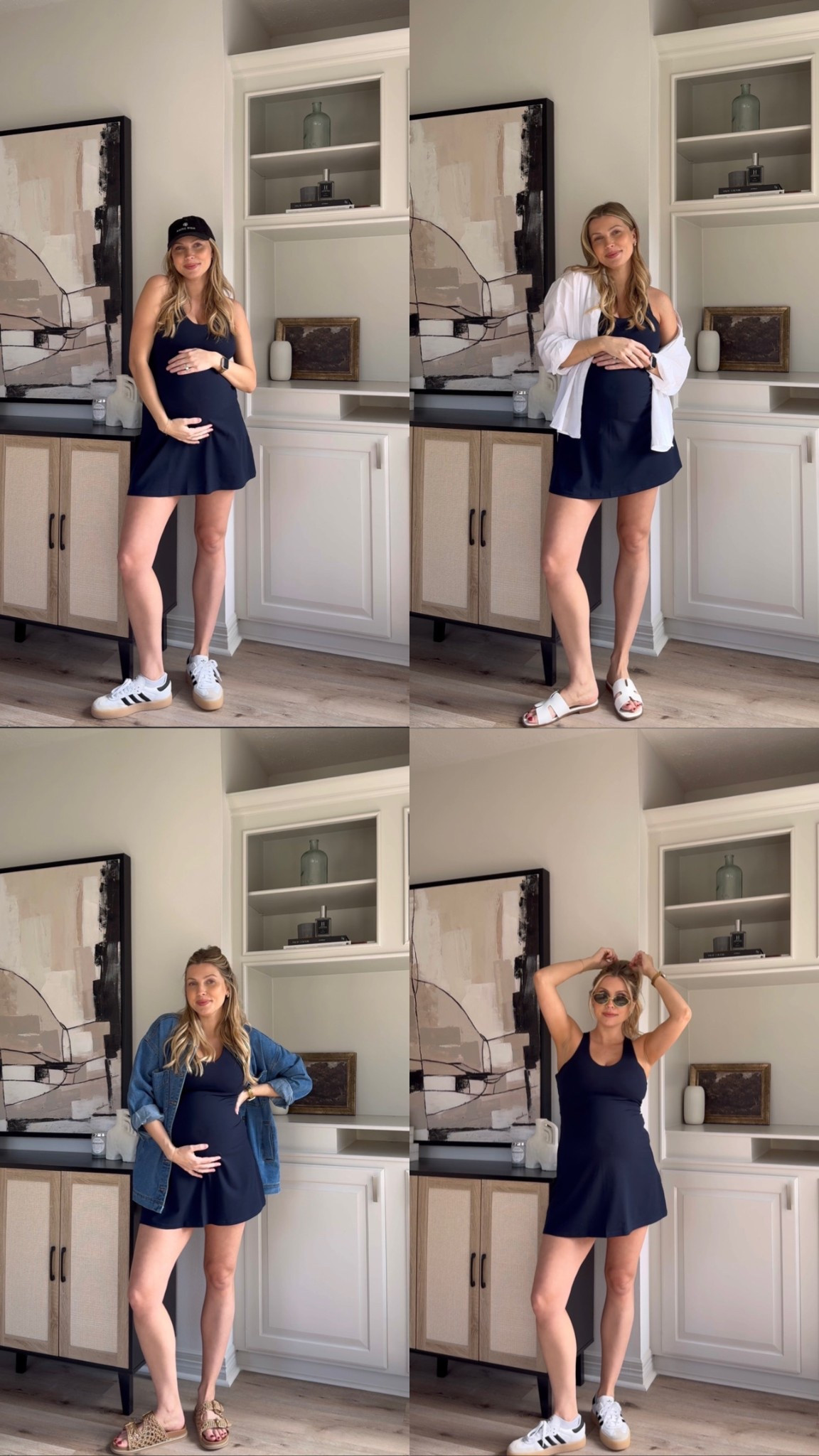 Bump friendly activewear dress | this dress is so comfortable and the shorts are not attached to the dress which I love. Wearing size M in the dress and white button down and denim shacket. Shoes all fit tts. 

#LTKBump #LTKStyleTip #LTKActive