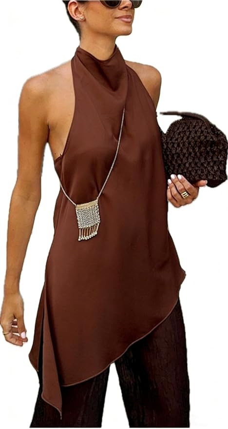 Women Sain Silk Cami Shirt Mock Neck Halter Tops Side Split Asymmetrical Backless Camisole Y2k Go... | Amazon (US)