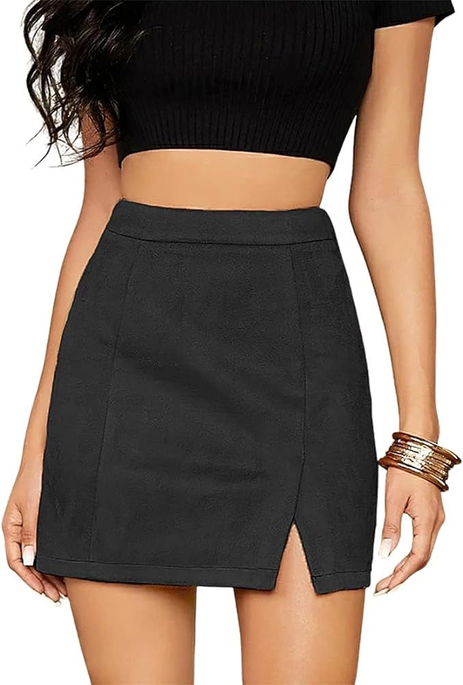 VNDFLAG Women's High Waist Faux Suede Side Split Bodycon Short Mini Skirt | Amazon (US)