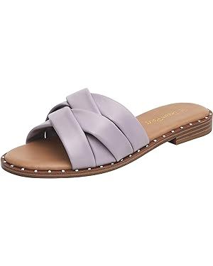 DREAM PAIRS Women' s Cute Slip On Studded Flat Slides Sandals | Amazon (US)