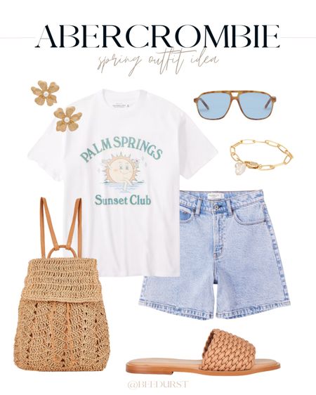 Cute spring outfit idea from Abercrombie! Spring outfit inspiration, casual outfit idea, graphic tee, cute tee, dad shorts, Abercrombie shorts, Abercrombie jean shorts, wicker slides, slide sandals, woven sandals, straw backpack, straw purse, aviator sunglasses, pearl jewelry, spring jewelry, casual outfit, spring outfits, denim shirt outfit 

#LTKshoecrush #LTKSeasonal #LTKitbag