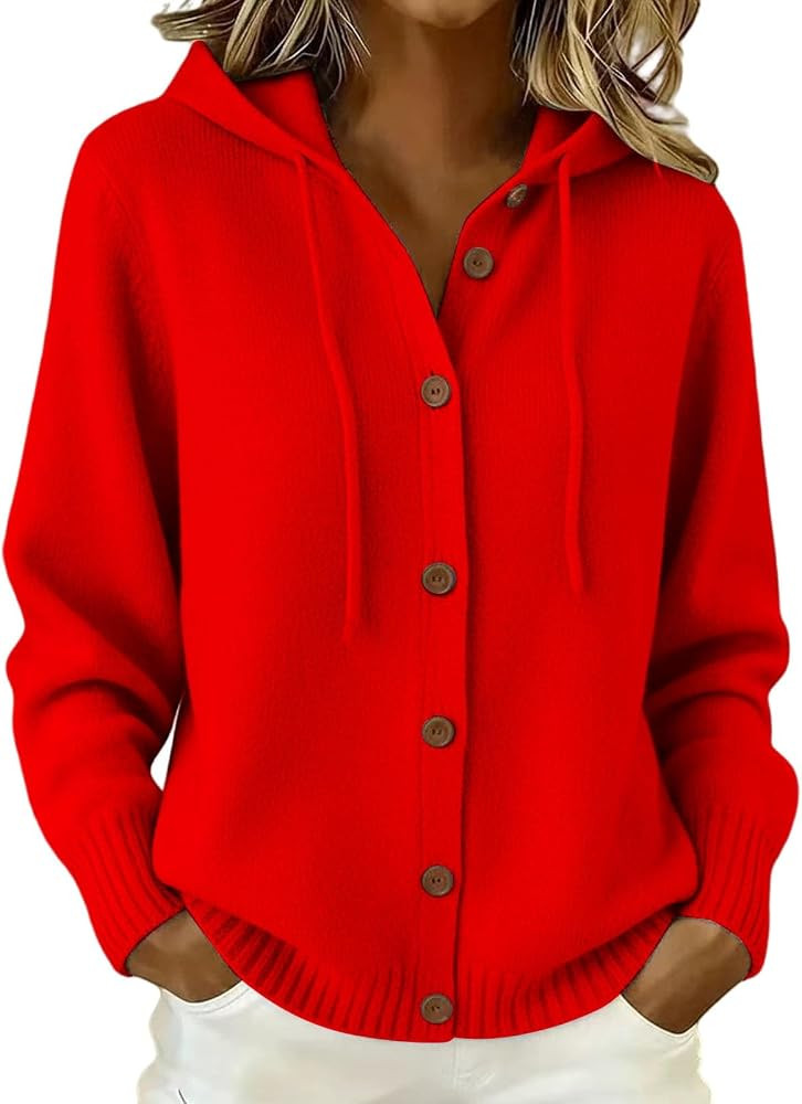 Womens Knit Hooded Sweaters V Neck Button Long Sleeve Cashmere Cardigan | Amazon (US)