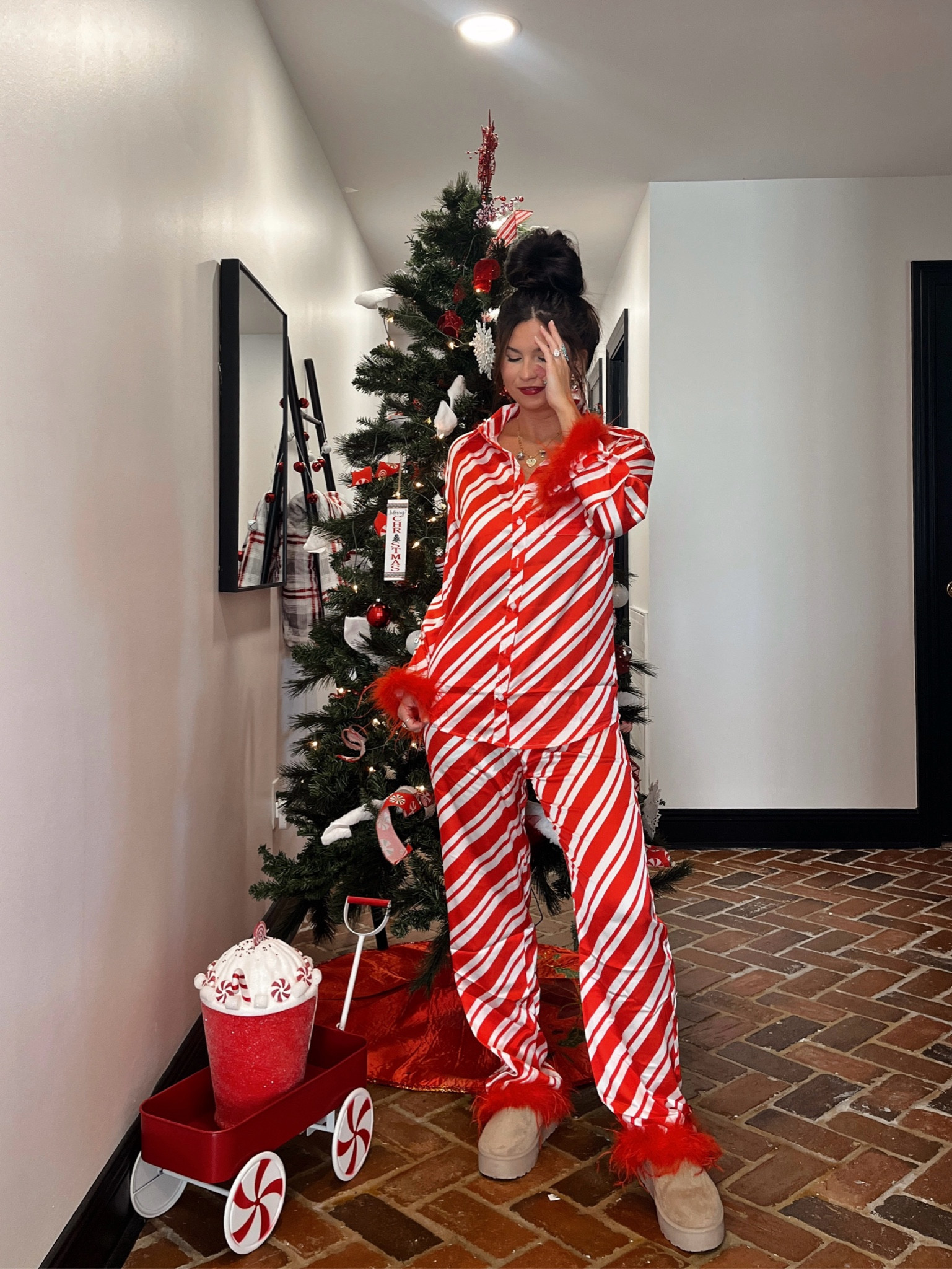 Candy cane Christmas satin pajamas set! The feathers are the most gorgeous touch!! Code LORI for 25% off! Wearing xs in both

Holiday necklace from Highway Hippie code LORI10

#LTKSeasonal #LTKHoliday #LTKStyleTip