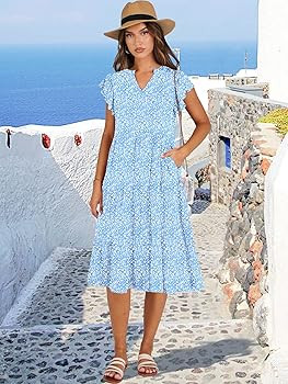 ANRABESS Womens Summer Dress Ruffle Sleeve V Neck Midi Dresses Fashion Casual Fit Flowy Tiered Bo... | Amazon (US)