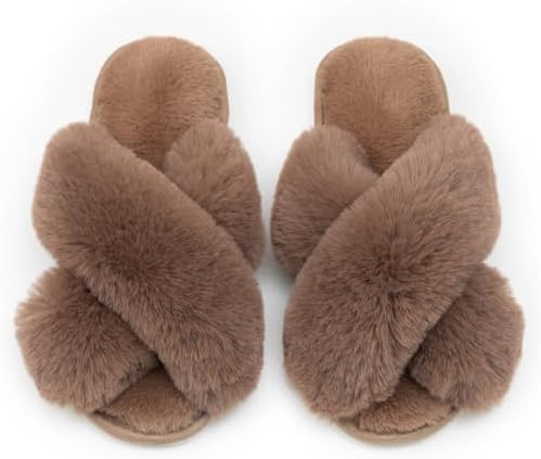 Women's Cross Band Fuzzy Slippers Fluffy Open Toe House Slippers | Amazon (US)