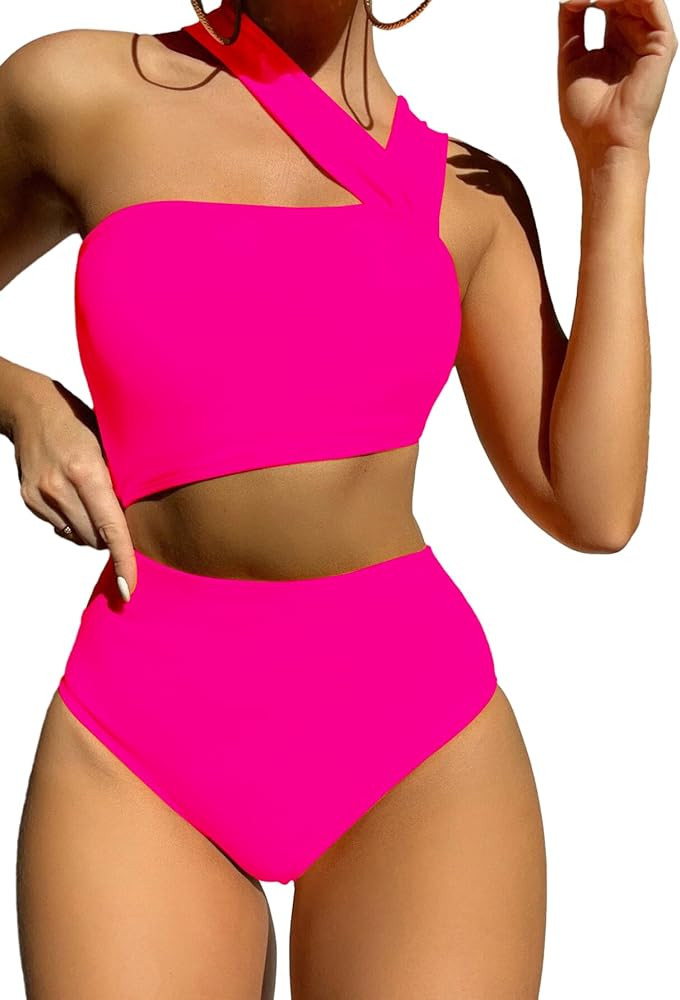 Lilosy Cute Cutout High Waist One Shoulder Piece Swimsuit Bikini Bathing Suit | Amazon (US)