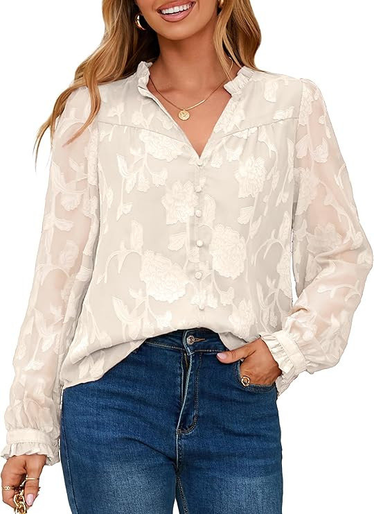 Womens Dressy Casual Blouses Long Sleeve V Neck Chiffon Burnout Shirts Loose Business Work Top Fa... | Amazon (US)