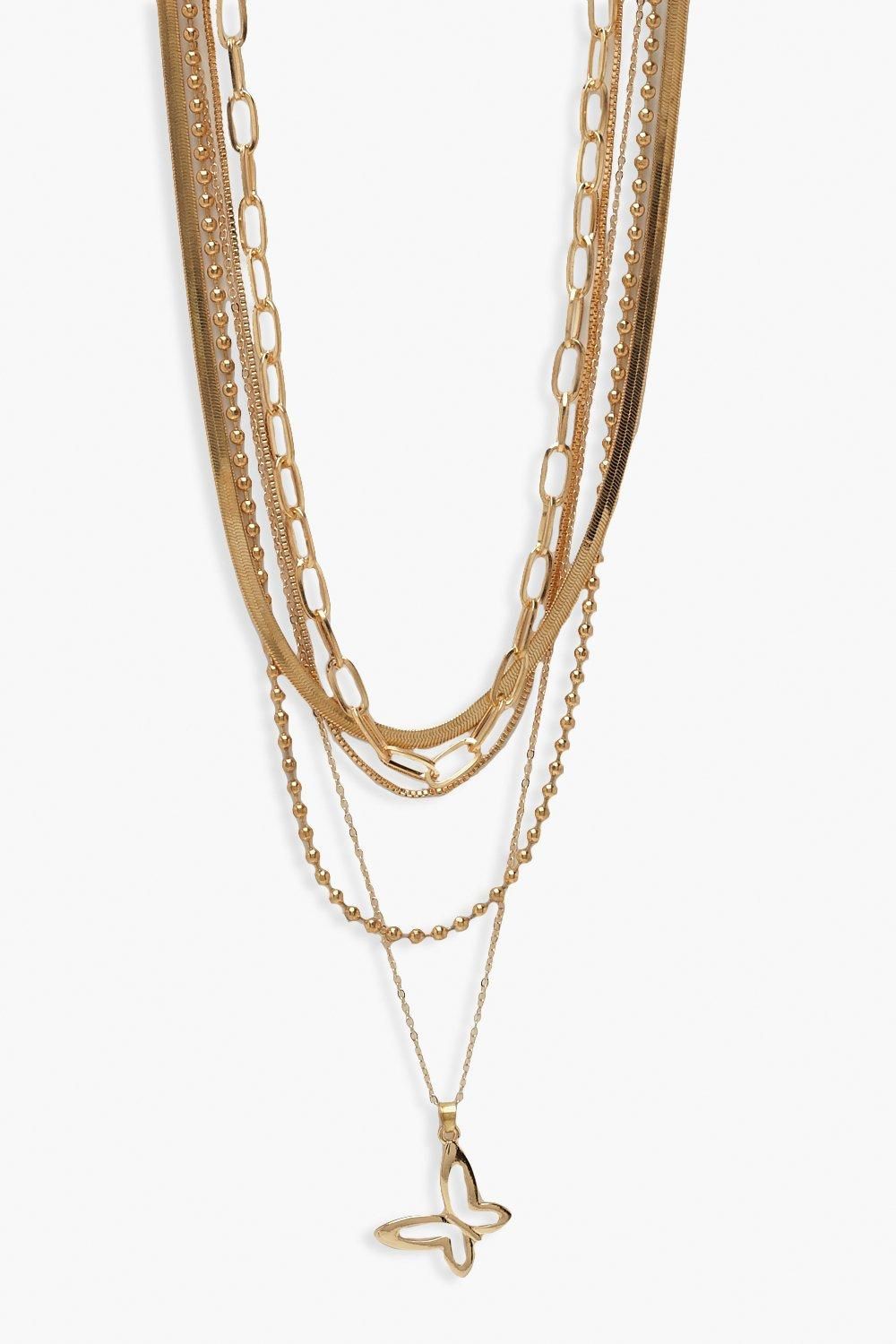 Mixed Chain & Diamante Butterfly Necklace | Boohoo.com (US & CA)