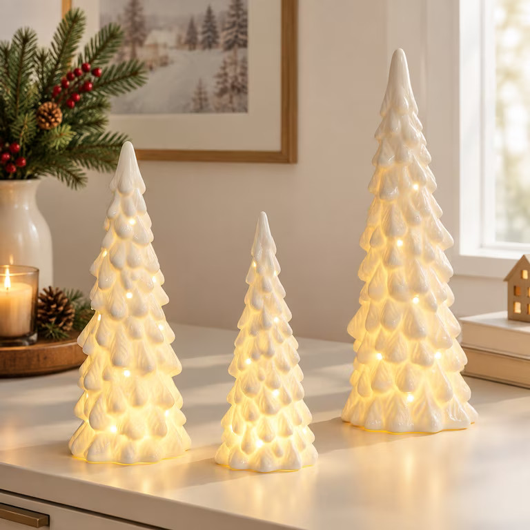 3 Pack White Ceramic Christmas Trees with LED Lights Tabletop Holiday Decor | Walmart (US)