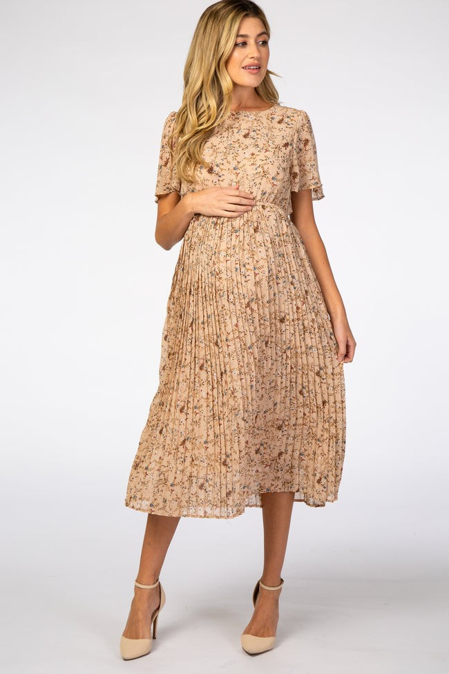 Beige Floral Pleated Short Sleeve Chiffon Maternity Midi Dress | PinkBlush Maternity