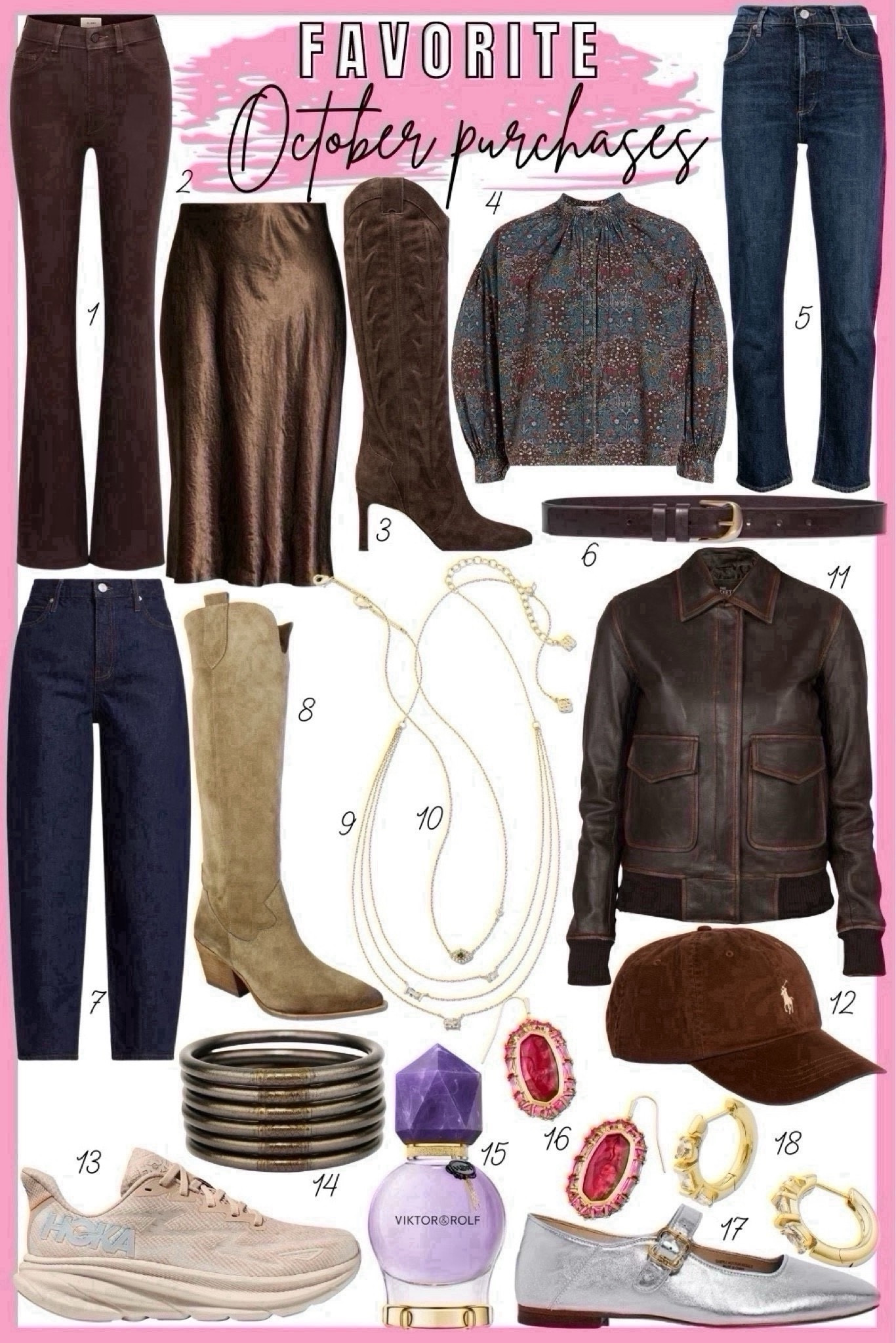 Favorite October buys - flare corduroy pants in a dark chocolate brown, satin silk midi skirt, Marc fisher western boots, agolde straight leg dark wash jeans, Ba&sh blouse, Kendra Scott jewelry, frame barrel leg jeans, knee high boots, leather bomber jacket, Budhagirl bangles, Ralph Lauren baseball cap, viktor & Rolf perfume, hoka sneakers, metallic silver ballet flats 



#LTKFindsUnder50 #LTKFindsUnder100 #LTKStyleTip