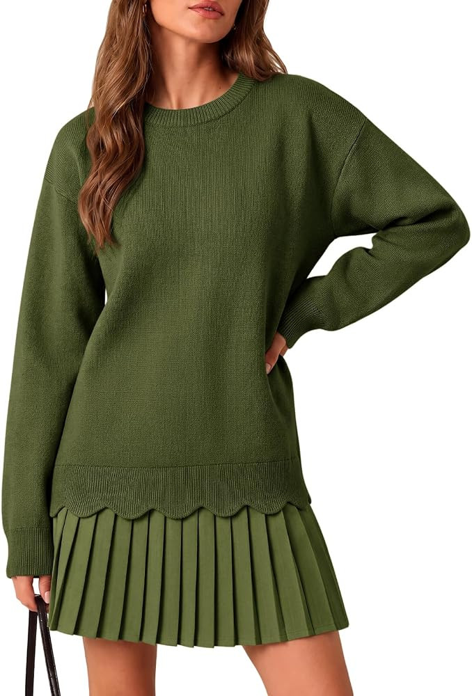 Saodimallsu Womens Pleated Sweater Dress Long Sleeve Crewneck Trendy Cute Loose Knit Fall Mini Dr... | Amazon (US)