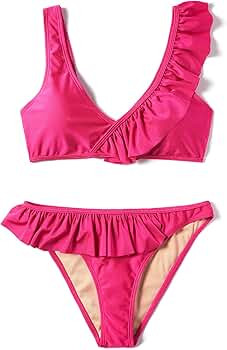 Women Two Pieces Ruffle Top Bikini Sets, Push up Floral Flounce Ruched Padded Bathing Suits | Amazon (US)