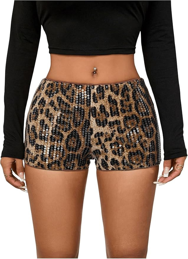 Floerns Women's Leopard Print Sequin Shorts Y2K Cheetah Skinny Sparkly Mini Shorts | Amazon (US)