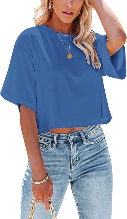 Yuccalley Women's Summer Crop Tops Short Sleeve Round Neck T-Shirt Basic Tees | Amazon (US)