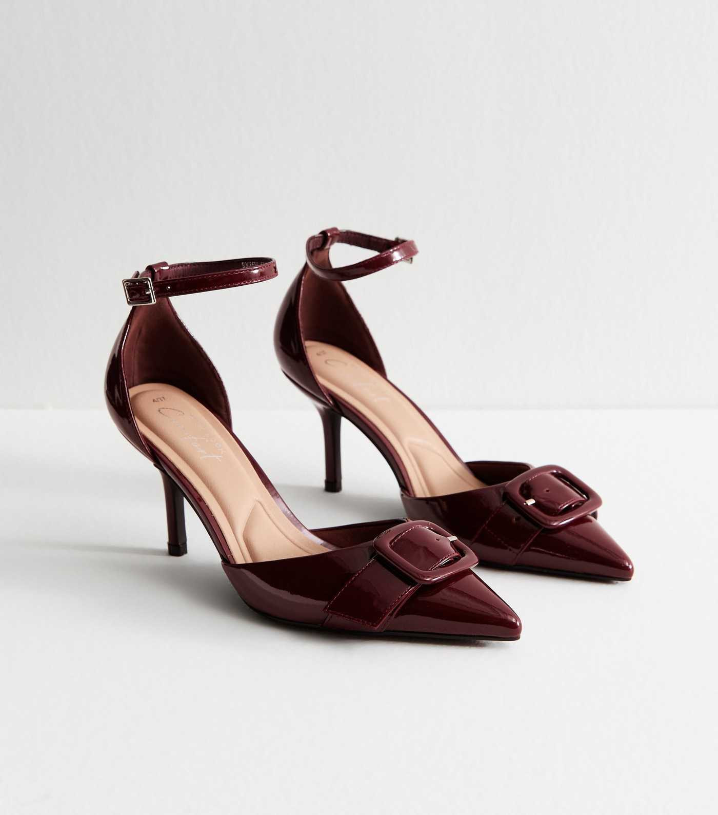 Dark Burgundy Faux Patent Leather Buckle Strap Open Court Shoes | New Look | New Look (UK)