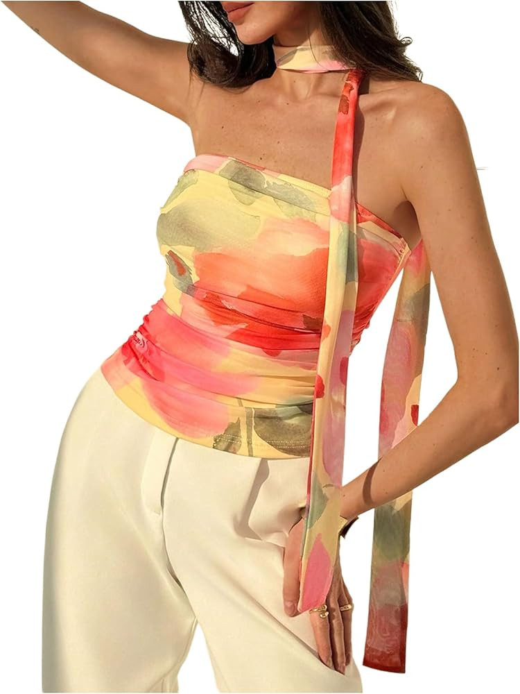 Women's Floral Tie Dye Strapless Tube Top Sleeveless Y2K Bandeau Tops with Scarf | Amazon (US)