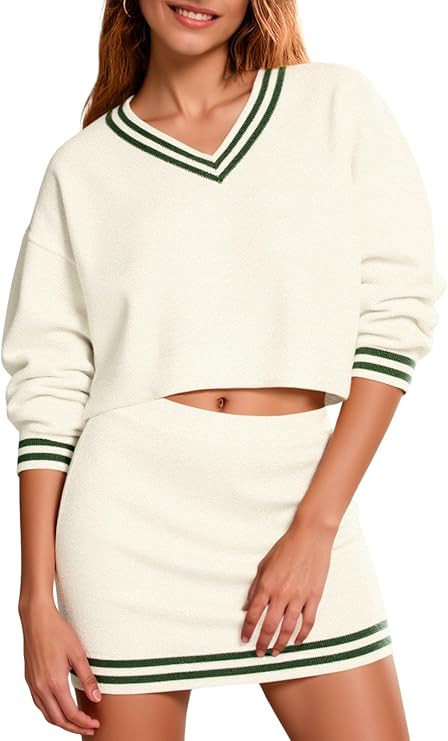 Fisoew Womens 2 Piece Outfits Casual Long Sleeve V Neck Knit Cropped Sweater Mini Skirt Sets Fall... | Amazon (US)