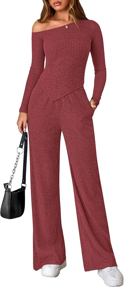 PRETTYGARDEN Fall Two Piece Sets For Women 2025 Off Shoulder Tops Long Pants Knit Matching Lounge... | Amazon (US)
