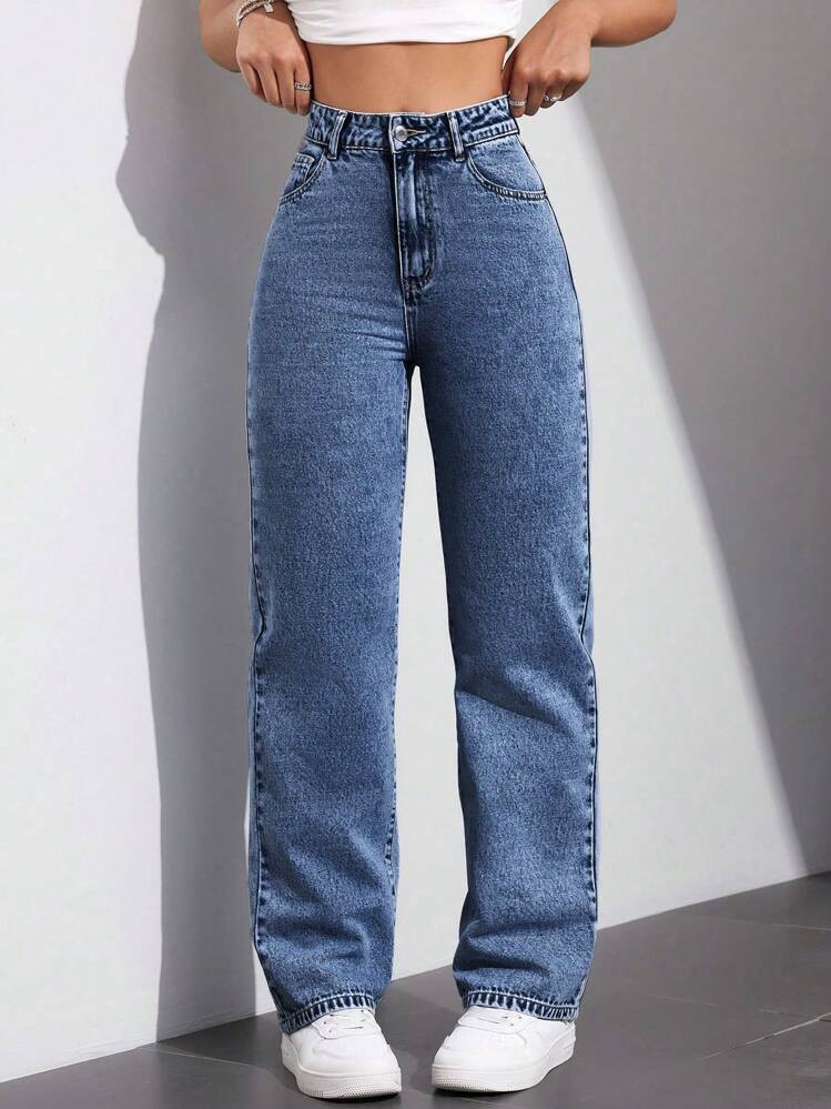 SHEIN EZwear High Waist Casual Straight Leg Mom Jeans For Dailywear | SHEIN