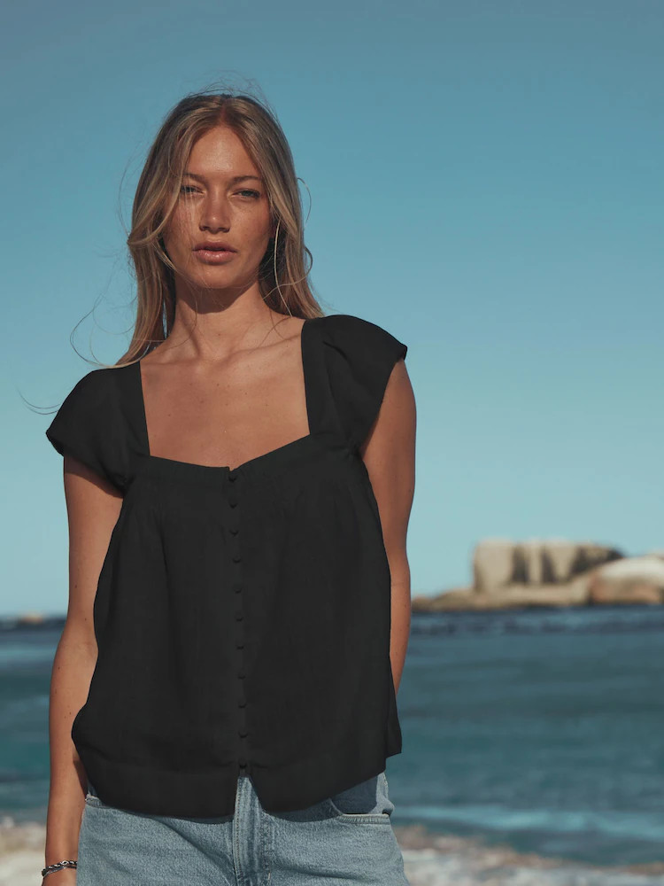 Buy Black Flutter Sleeve Button Front Top With Linen from Next Belgium | Next EU