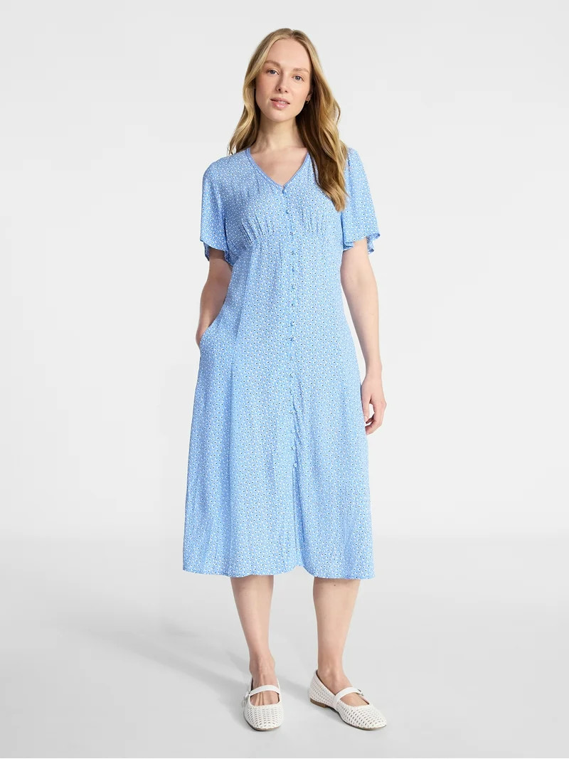 Time and Tru Women's Empire Waist Midi Dress with Short Sleeves, Sizes XS-XXXL | Walmart (US)
