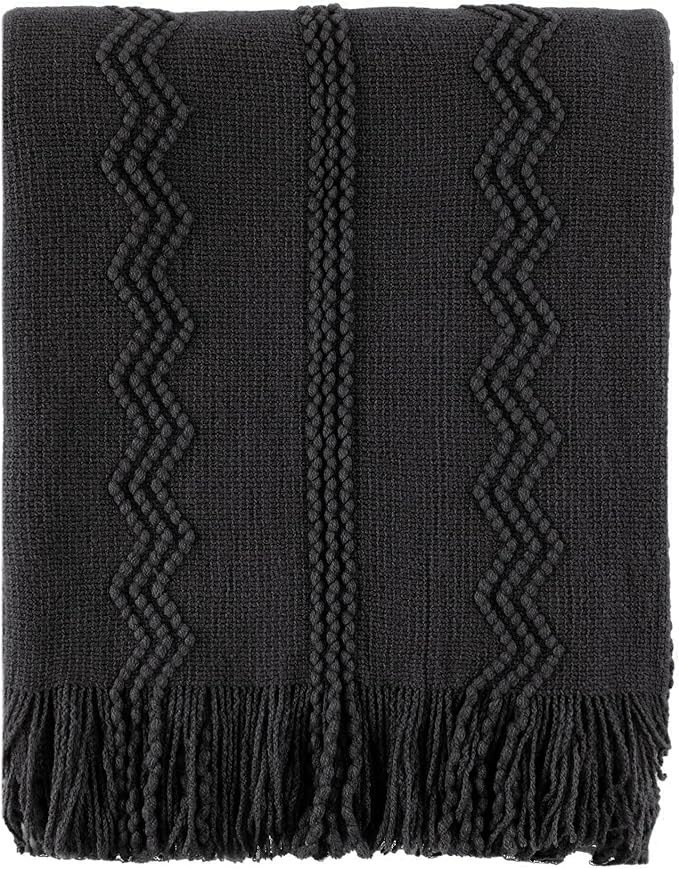 BATTILO HOME Black Throw Blanket with Fringe, Bed Throws for Home Decor, Decorative Black Knit Th... | Amazon (US)