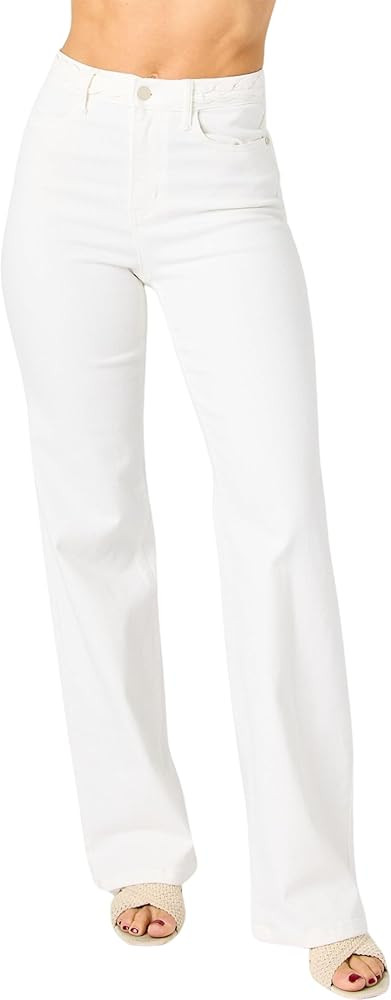 Judy Blue Women's High-Rise Braided Waistband White Wide Leg Jeans 88781 | Amazon (US)