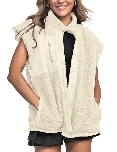 Gozoloma Women's Fleece Vest Trendy Stand Collar Flysleeve Button Down Fuzzy Sherpa Jacket Outerwear Vest with Pockets(0781-Beige-S) | Amazon (US)