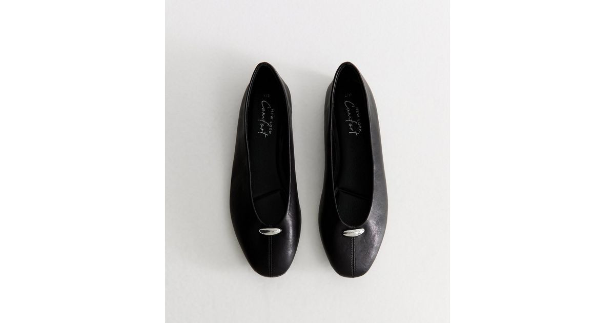 Women's Black Faux Leather Metallic Charm High Vamp Ballerina Flats Vegan New Look | New Look (UK)