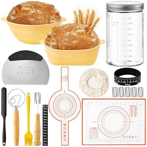 GQIRIL Sourdough Bread Baking Starter Kit, 18PCS Sour Dough Proofing Basket, Bakery Making Tools Gifts for People Who Love Baking Supplies with Bread Bowl, Glass Jar, Whisk, Lame, Scrapers, Brush | Amazon (US)