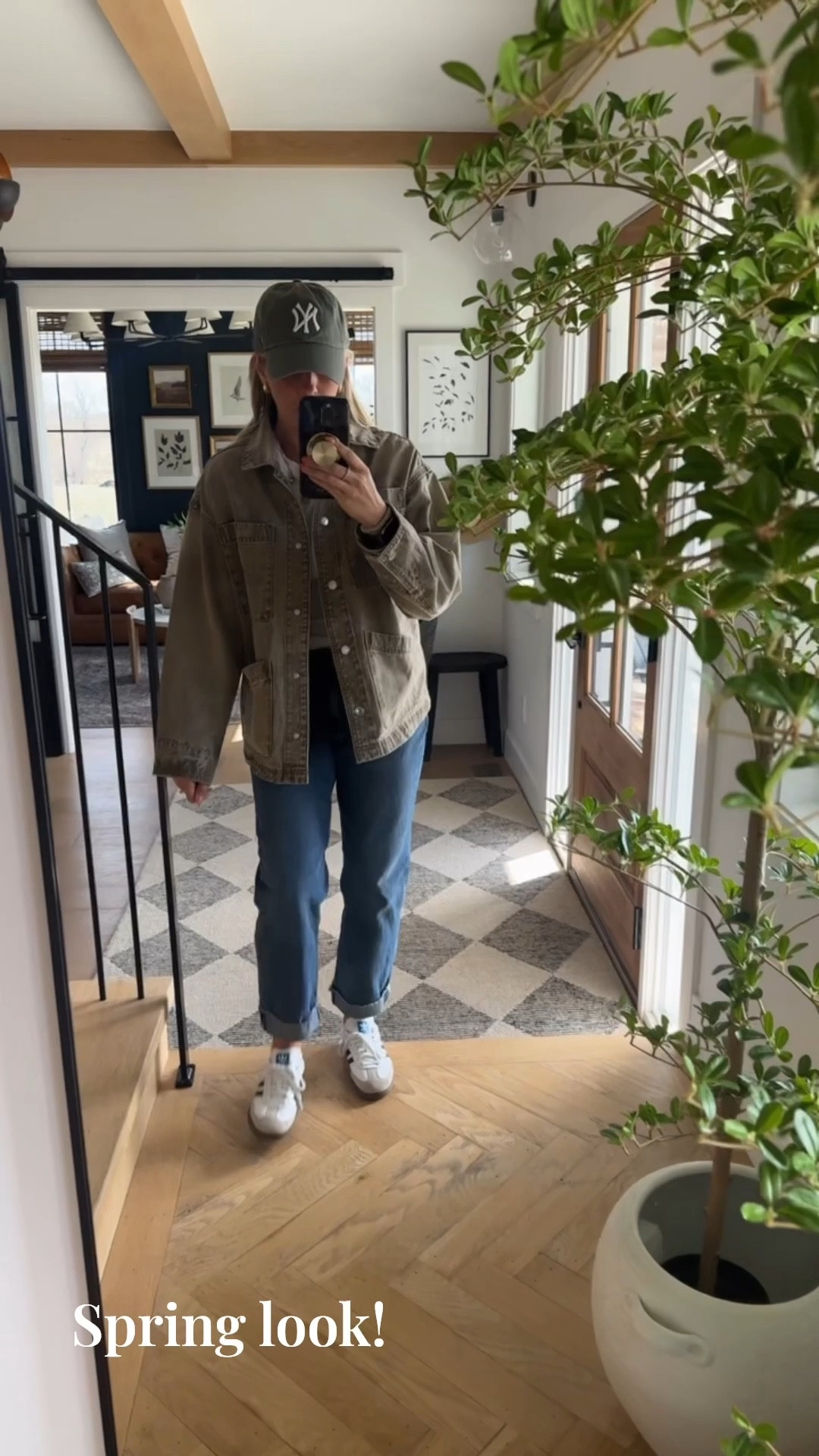 This is such a great spring coat if you’re looking for a non-traditional denim colored jean jacket!! Fits oversize, I’m wearing an extra small. 

Classic sambas 👌🏻 Walmart jeans but older! 