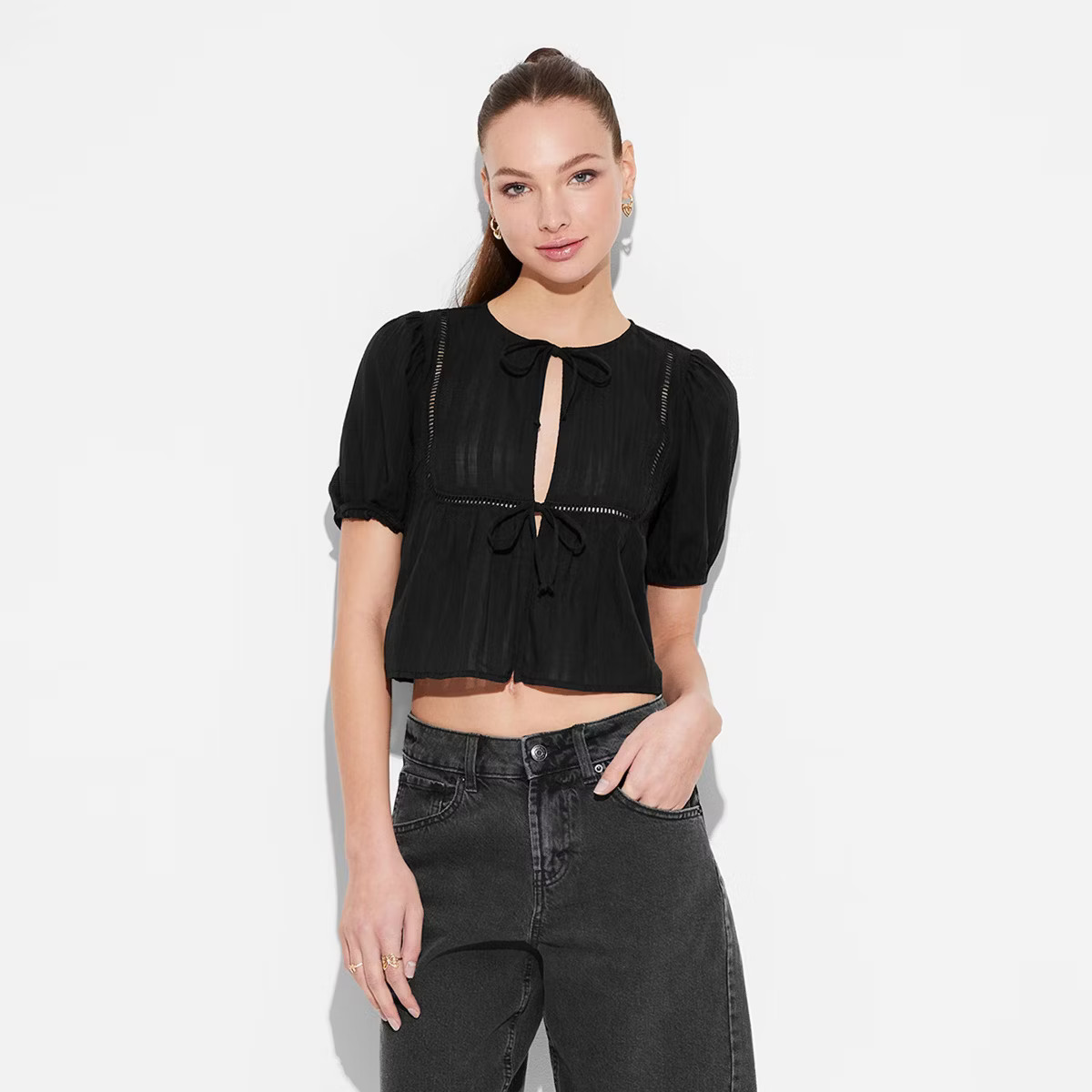 Women's Puff Sleeve Flyaway Blouse - Wild Fable™ Black L | Target