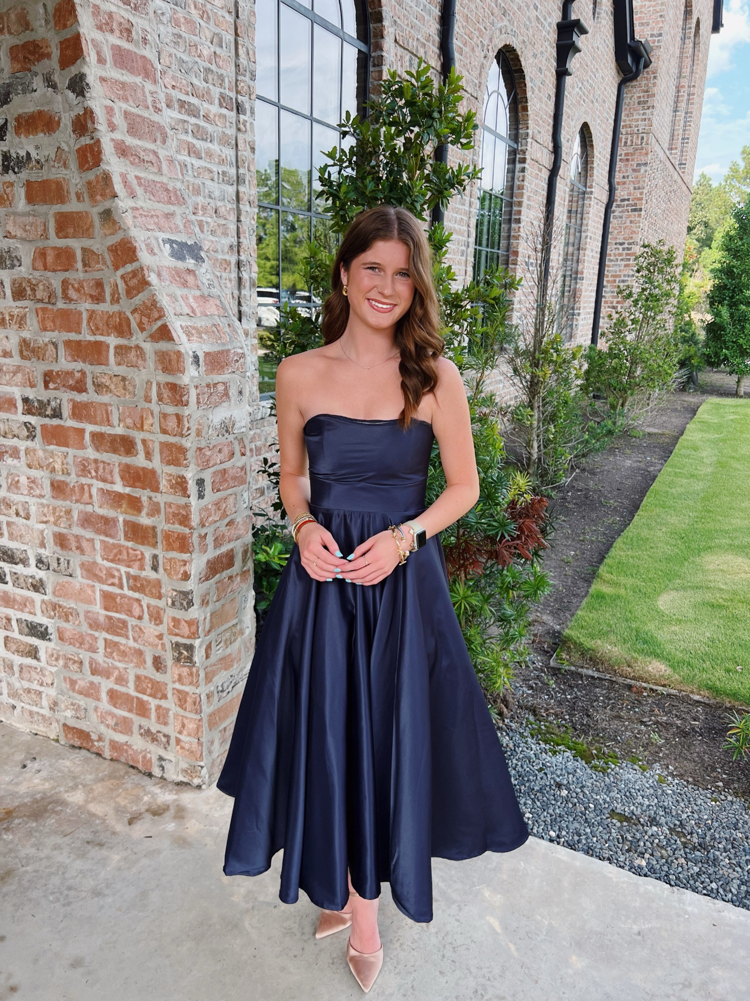 Helaina Midi Dress Strapless A Line Satin Dress In Navy Carter Gown  Strapless Dress with Scarf