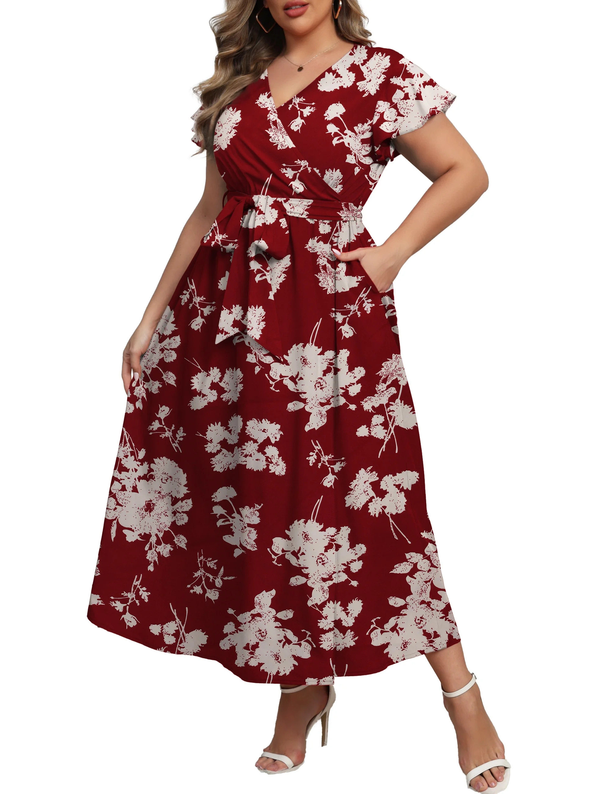 a.Jesdani Women's Plus Size Maxi Dress Boho Floral Butterfly Sleeve V Neck Flowy Maxi Dress Party... | Walmart (US)