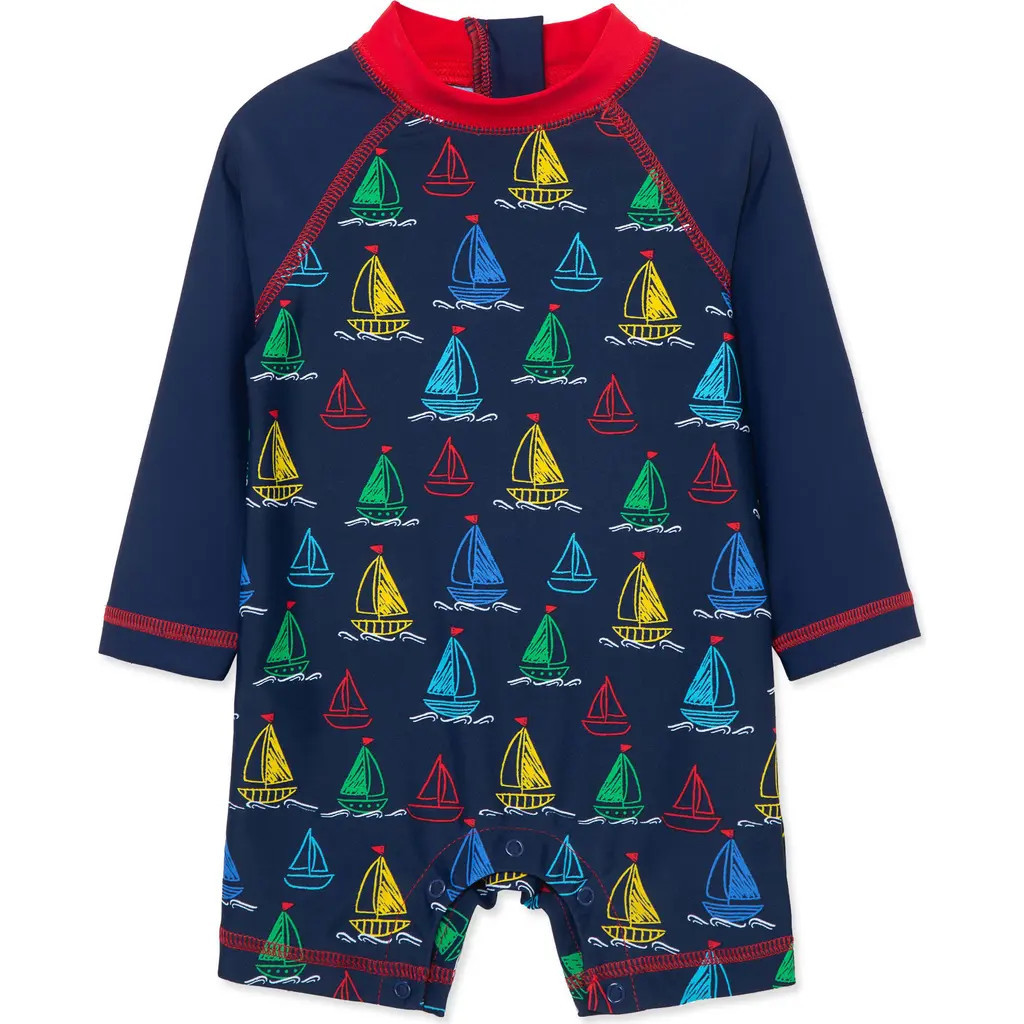 Little Me Kids' Boat Print Long Sleeve Rashguard Swumsuit in Blue at Nordstrom Rack, Size 12M | Nordstrom Rack