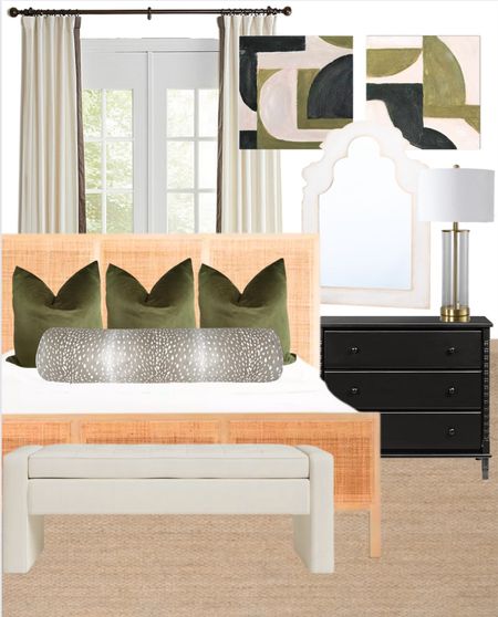 Bedroom inspiration 🖤 love these deeper tones with woven accents! 

Bedroom, guest room, primary bedroom, nightstand, dresser, seating, bench, woven bed, accent pillow, mirror, lamp, abstract art, curtains, rug, bedroom inspiration, neutral bedroom inspiration, modern home, traditional home 

#LTKhome #LTKunder100 #LTKstyletip