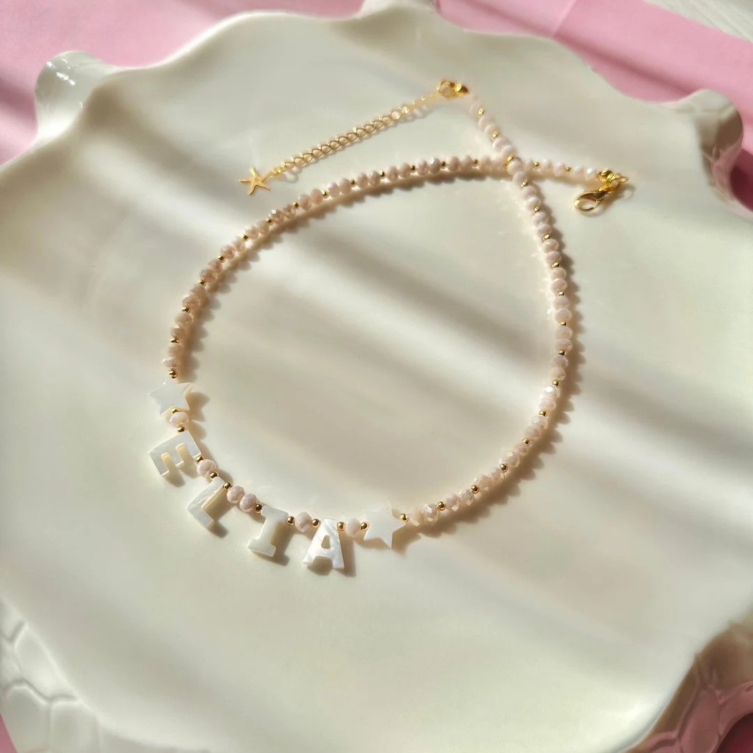 Mother of Pearl Letter Name Necklace, Personalized Crystal Beaded Necklace | Etsy (US)