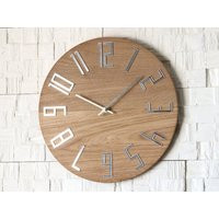 Large Wood Wall Clock With Mirror Numbers, Oak Clock, Modernclock 13, 19 | Etsy (US)